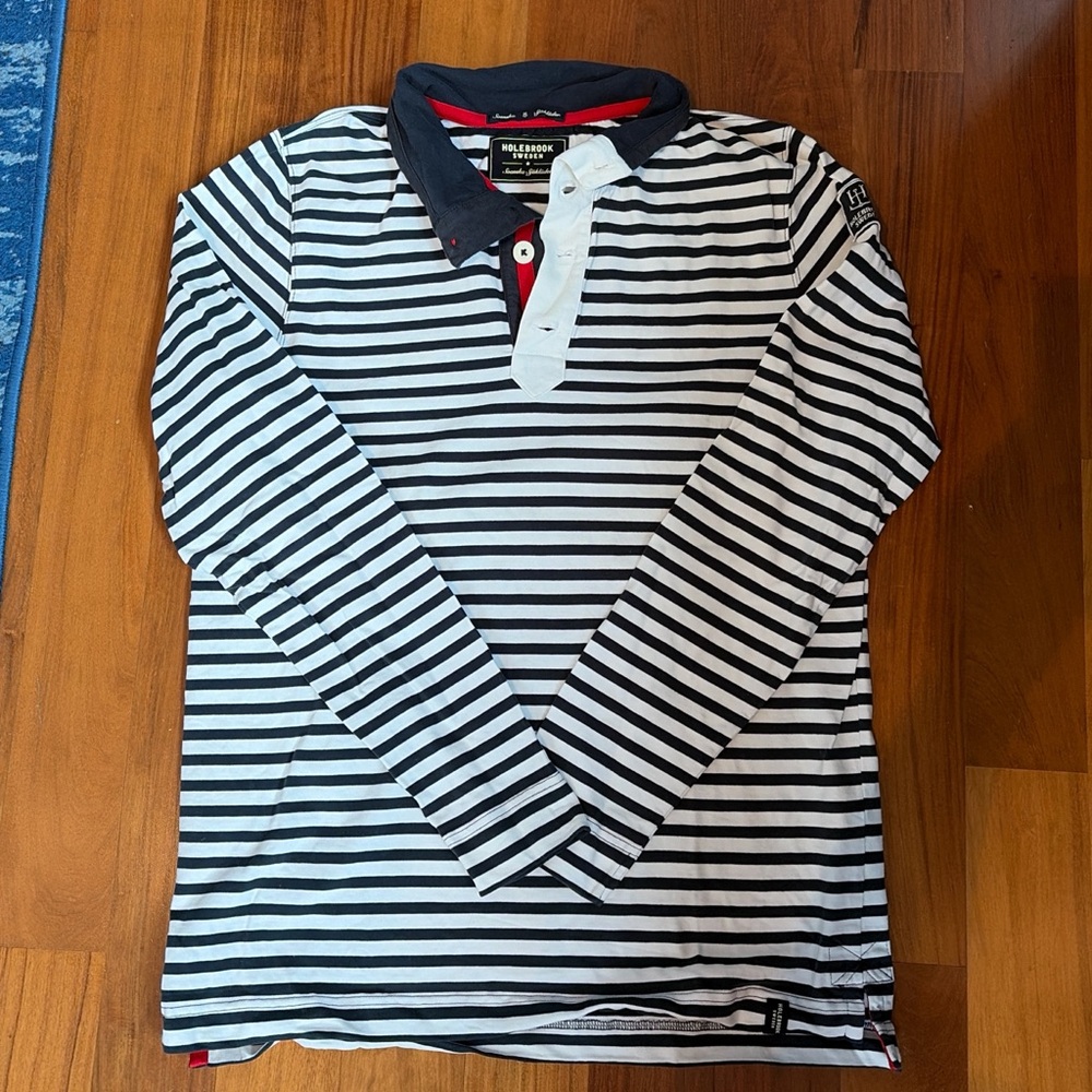 HoleBrook Men's Navy and White Striped Polo Shirt